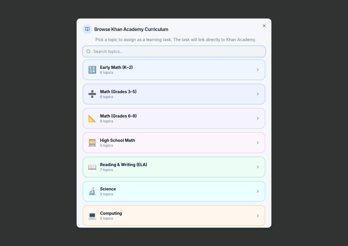 QuestHouse Khan Academy curriculum browser with subject and topic choices