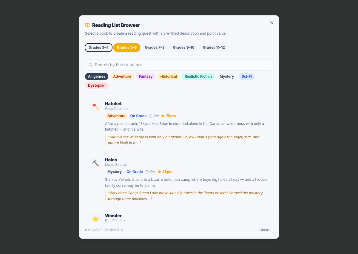 QuestHouse reading list browser with grade-band and genre filters